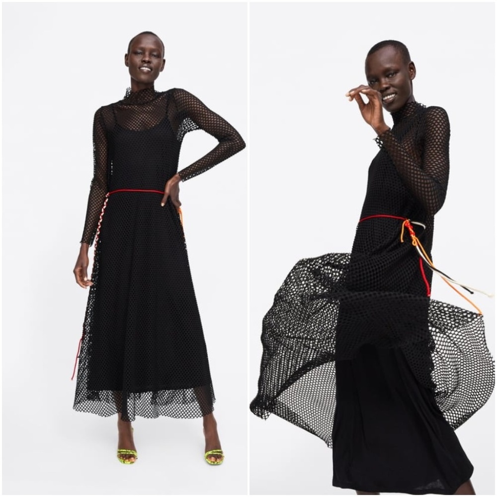 ZARA Black Fishnet Crochet Lined Maxi Dress with Corded Belt $129.90 - Picture 7 of 13